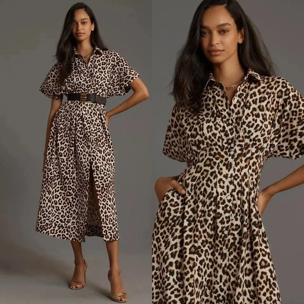 Anthropologie Exquise The Tobie Shirt Dress 3X Leopard Print Shirtdress